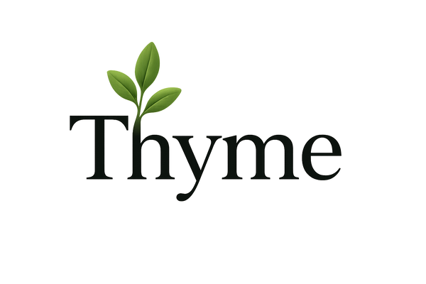 the word Thyme with a thyme leaf